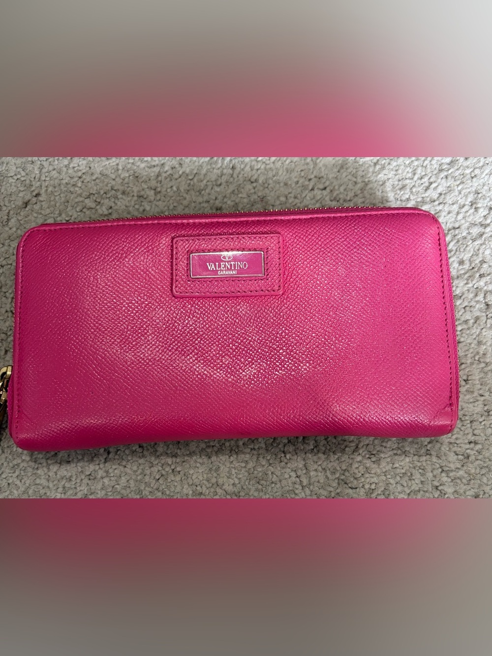 Authentic Valentino Garavani Leather Zip Around Wallet, in Pink & Gold Hardware